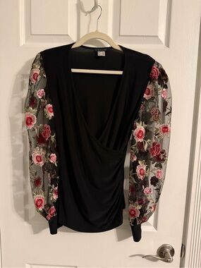VENUS Black Wrap-Style Top with Pink Floral Sheer Sleeves